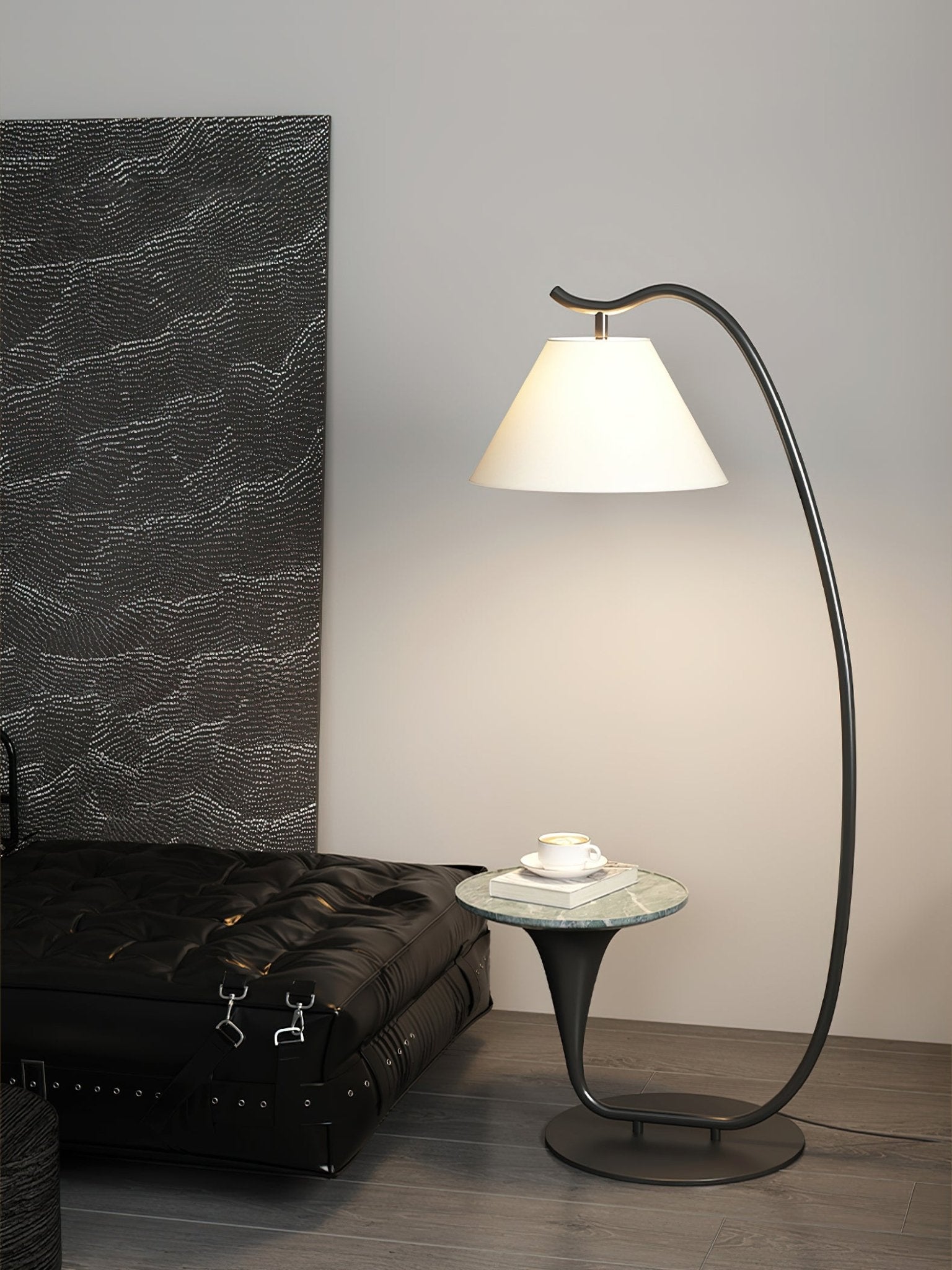 Modern Curved Arc Floor Lamp with Integrated Wood Side Table and Fabric Shade