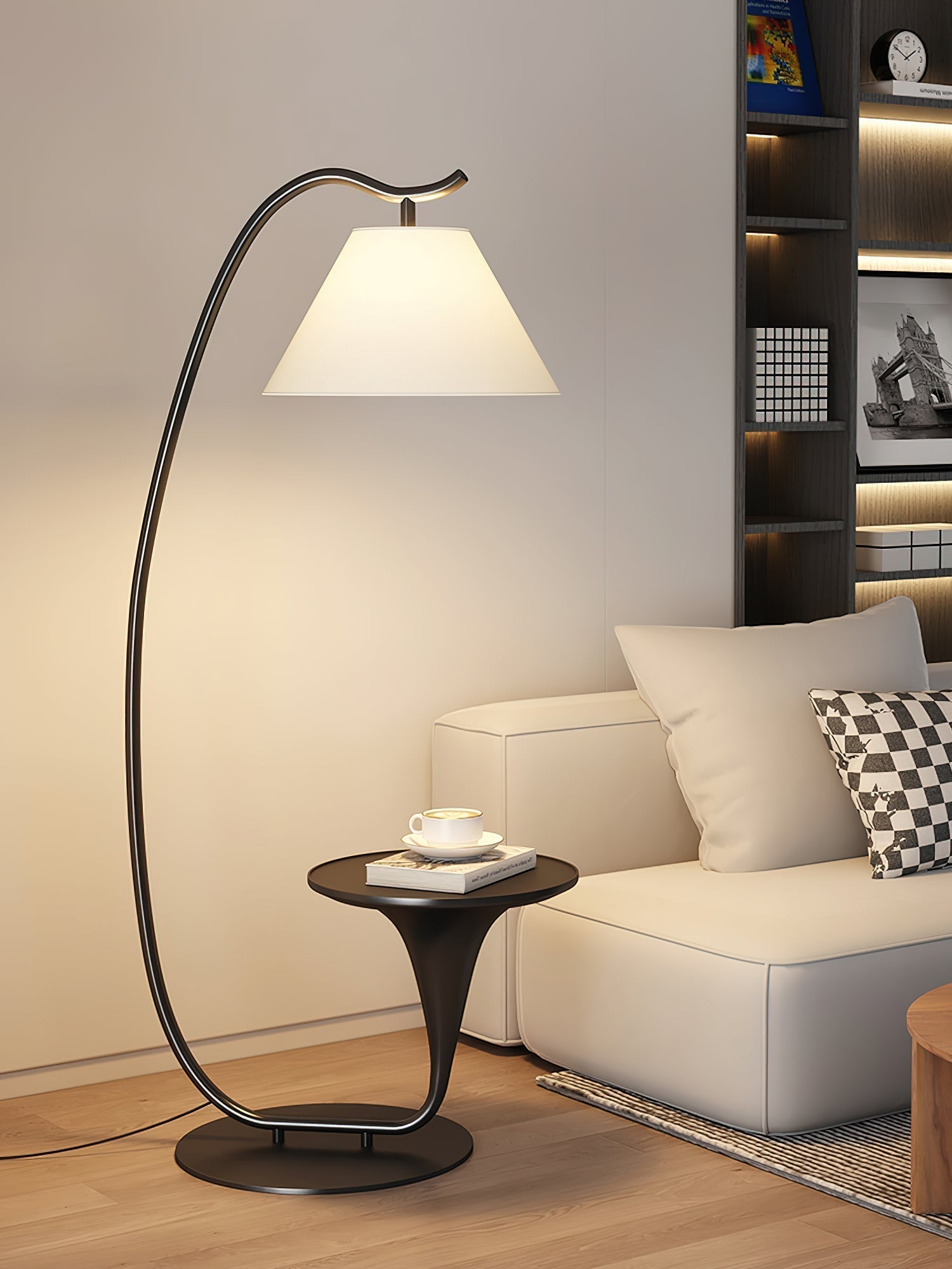 Modern Curved Arc Floor Lamp with Integrated Wood Side Table and Fabric Shade