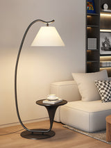 Modern Curved Arc Floor Lamp with Integrated Wood Side Table and Fabric Shade
