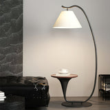 Modern Curved Arc Floor Lamp with Integrated Wood Side Table and Fabric Shade