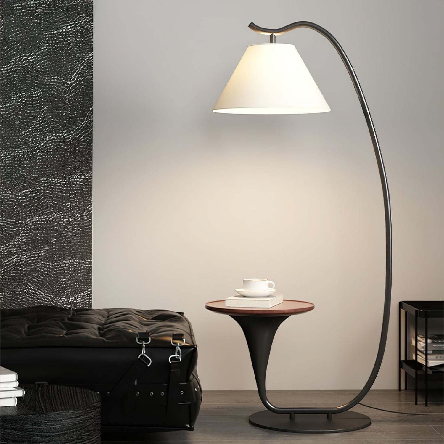 Modern Curved Arc Floor Lamp with Integrated Wood Side Table and Fabric Shade