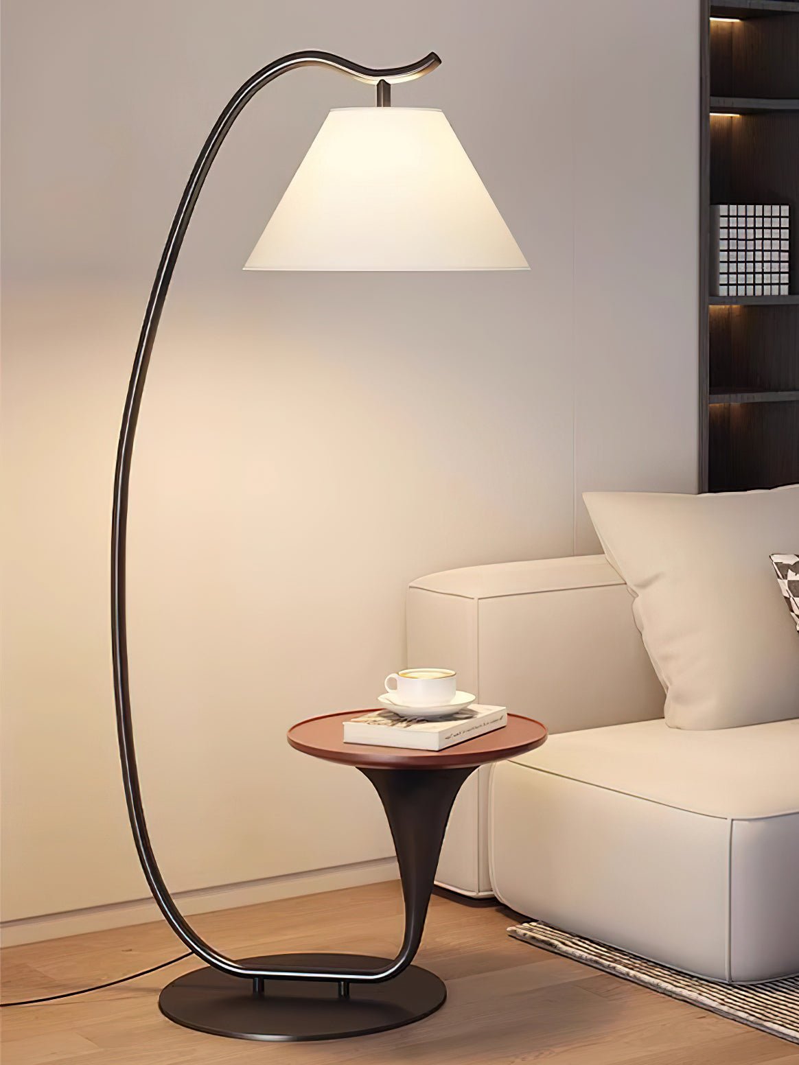 Modern Curved Arc Floor Lamp with Integrated Wood Side Table and Fabric Shade