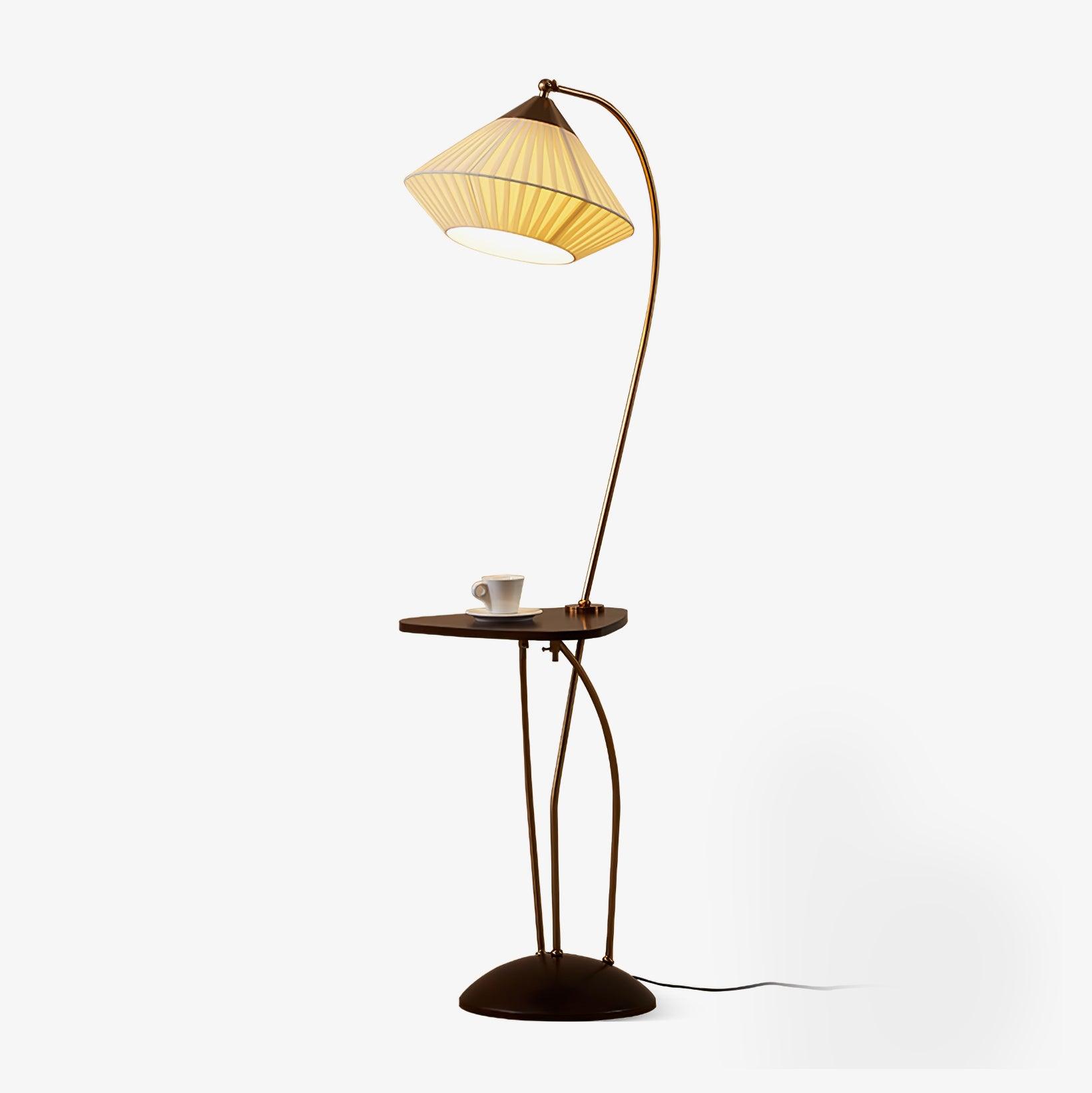 Modern Curve Floor Lamp with Built in Side Table and Walnut Wood Accents