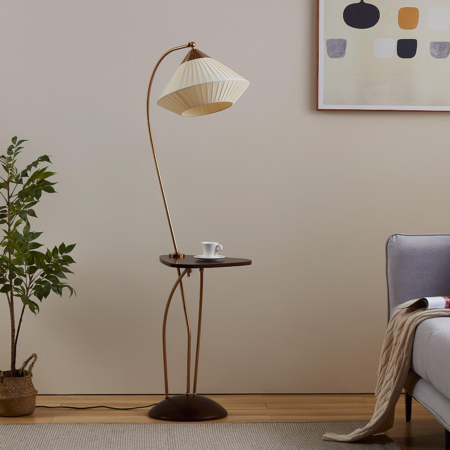 Modern Curve Floor Lamp with Built in Side Table and Walnut Wood Accents