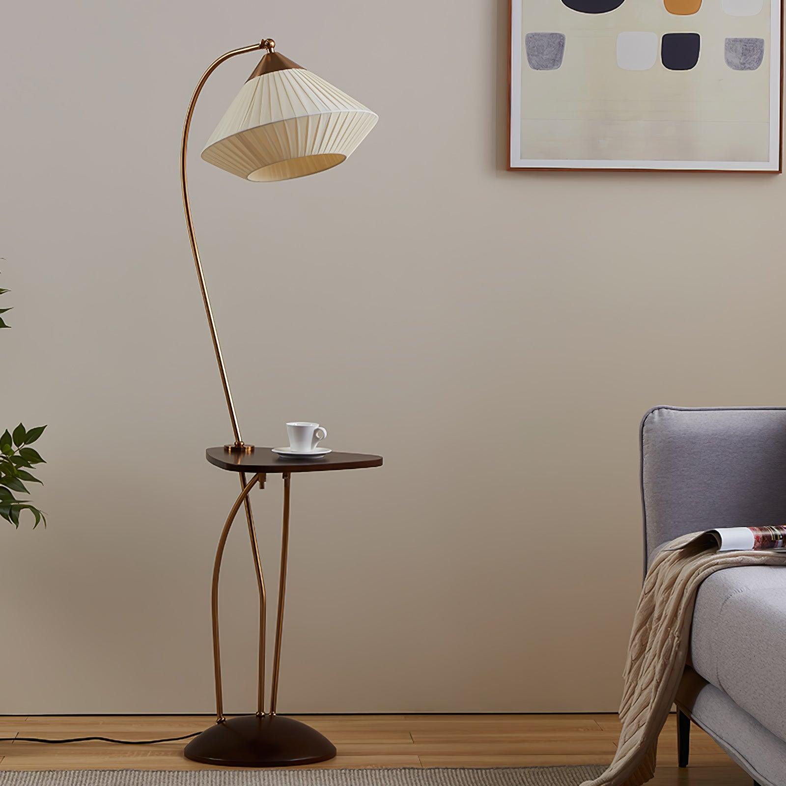 Modern Curve Floor Lamp with Built in Side Table and Walnut Wood Accents