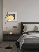 Modern Curve Floor Lamp with Built in Side Table and Walnut Wood Accents