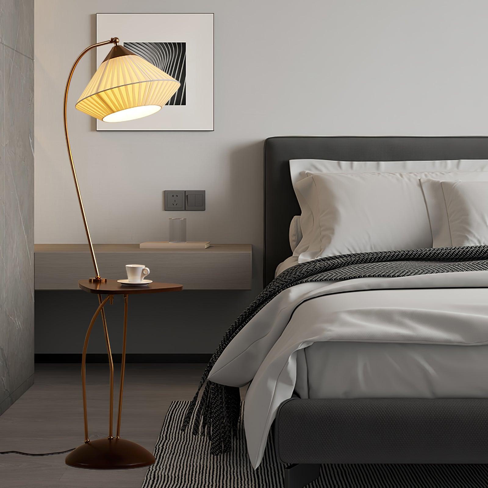 Modern Curve Floor Lamp with Built in Side Table and Walnut Wood Accents