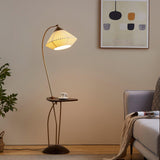 Modern Curve Floor Lamp with Built in Side Table and Walnut Wood Accents