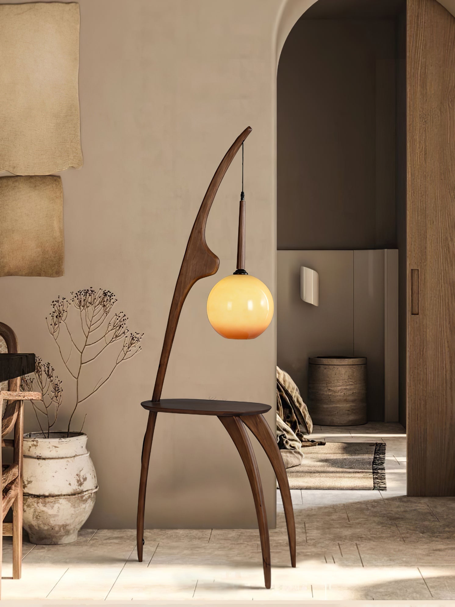Modern Curved Mantis Wood Floor Lamp with Amber Glass Orb Shade for Living Room and Bedroom