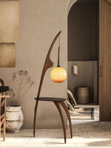 Modern Curved Mantis Wood Floor Lamp with Amber Glass Orb Shade for Living Room and Bedroom