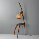 Modern Curved Mantis Wood Floor Lamp with Amber Glass Orb Shade for Living Room and Bedroom