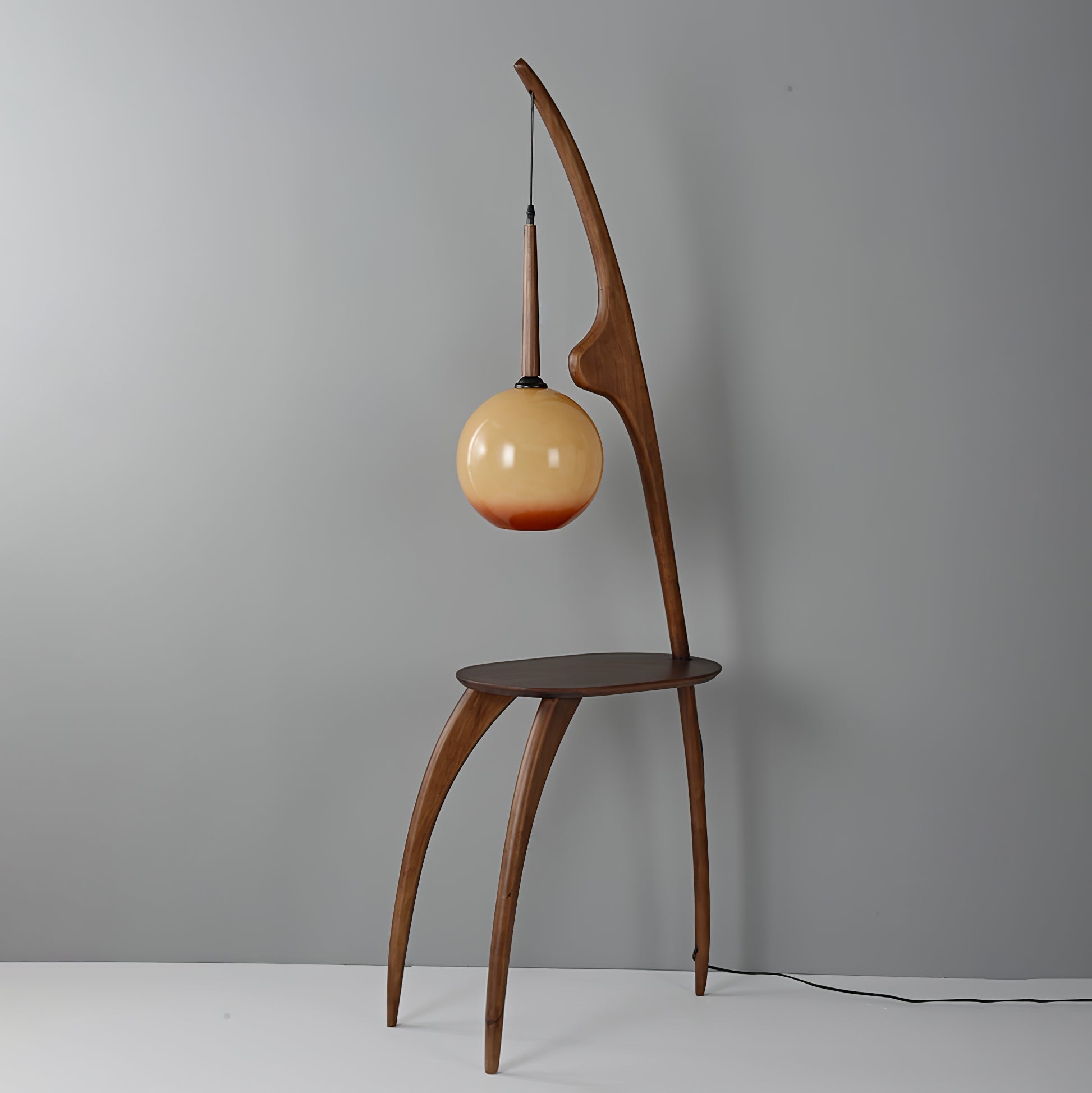 Modern Curved Mantis Wood Floor Lamp with Amber Glass Orb Shade for Living Room and Bedroom