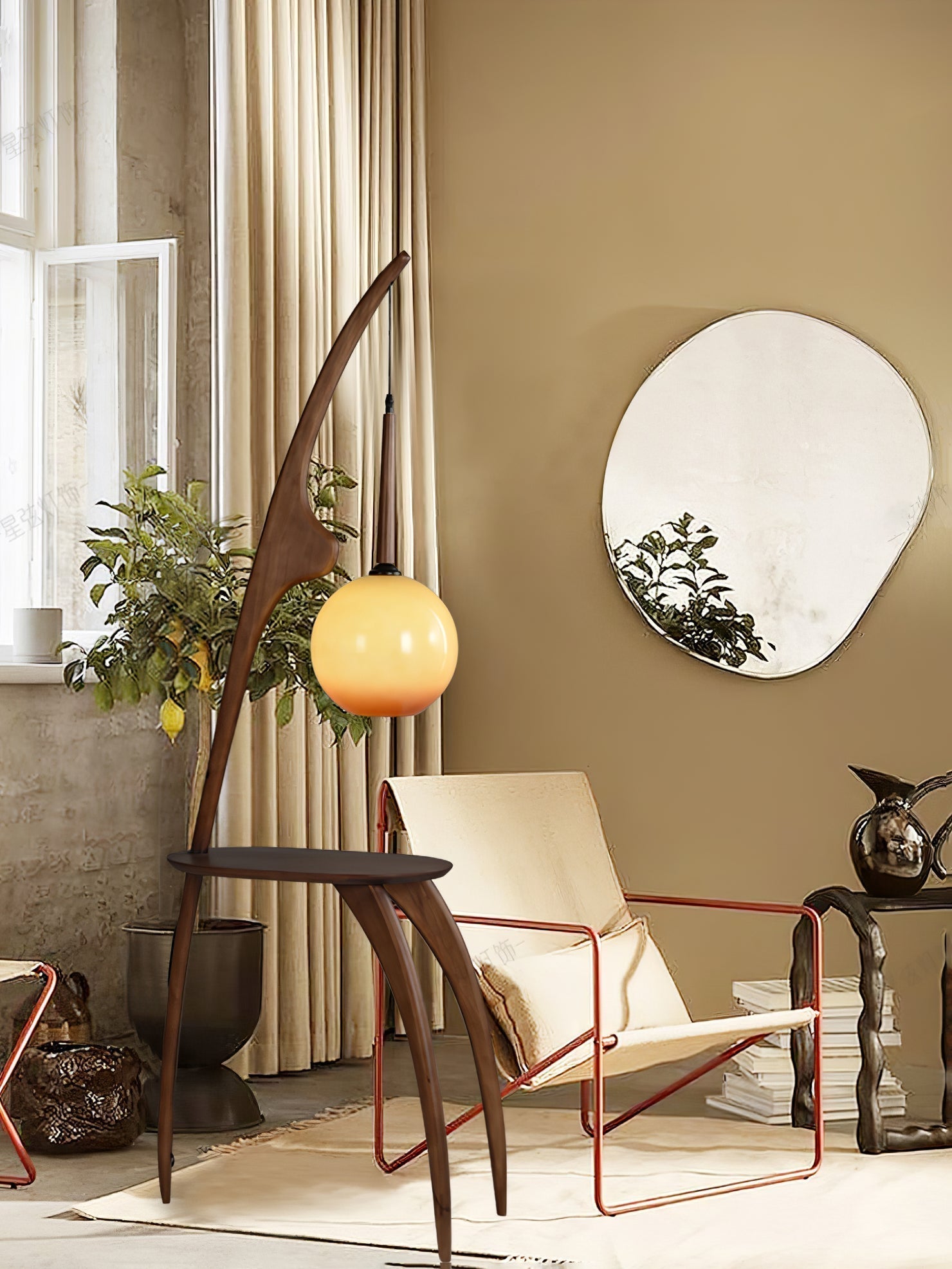 Modern Curved Mantis Wood Floor Lamp with Amber Glass Orb Shade for Living Room and Bedroom