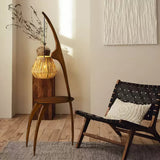 Modern Curved Mantis Wood Floor Lamp with Amber Glass Orb Shade for Living Room and Bedroom