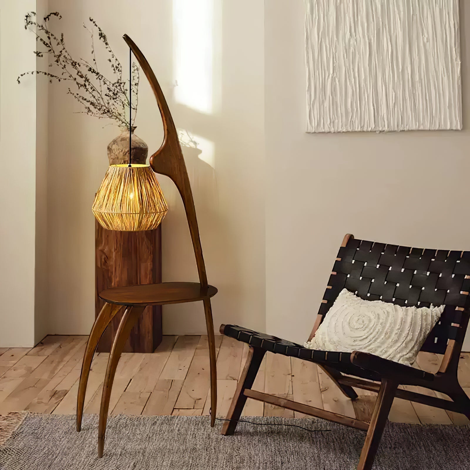 Modern Curved Mantis Wood Floor Lamp with Amber Glass Orb Shade for Living Room and Bedroom