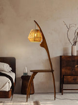 Modern Curved Mantis Wood Floor Lamp with Amber Glass Orb Shade for Living Room and Bedroom