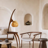 Modern Curved Mantis Wood Floor Lamp with Amber Glass Orb Shade for Living Room and Bedroom