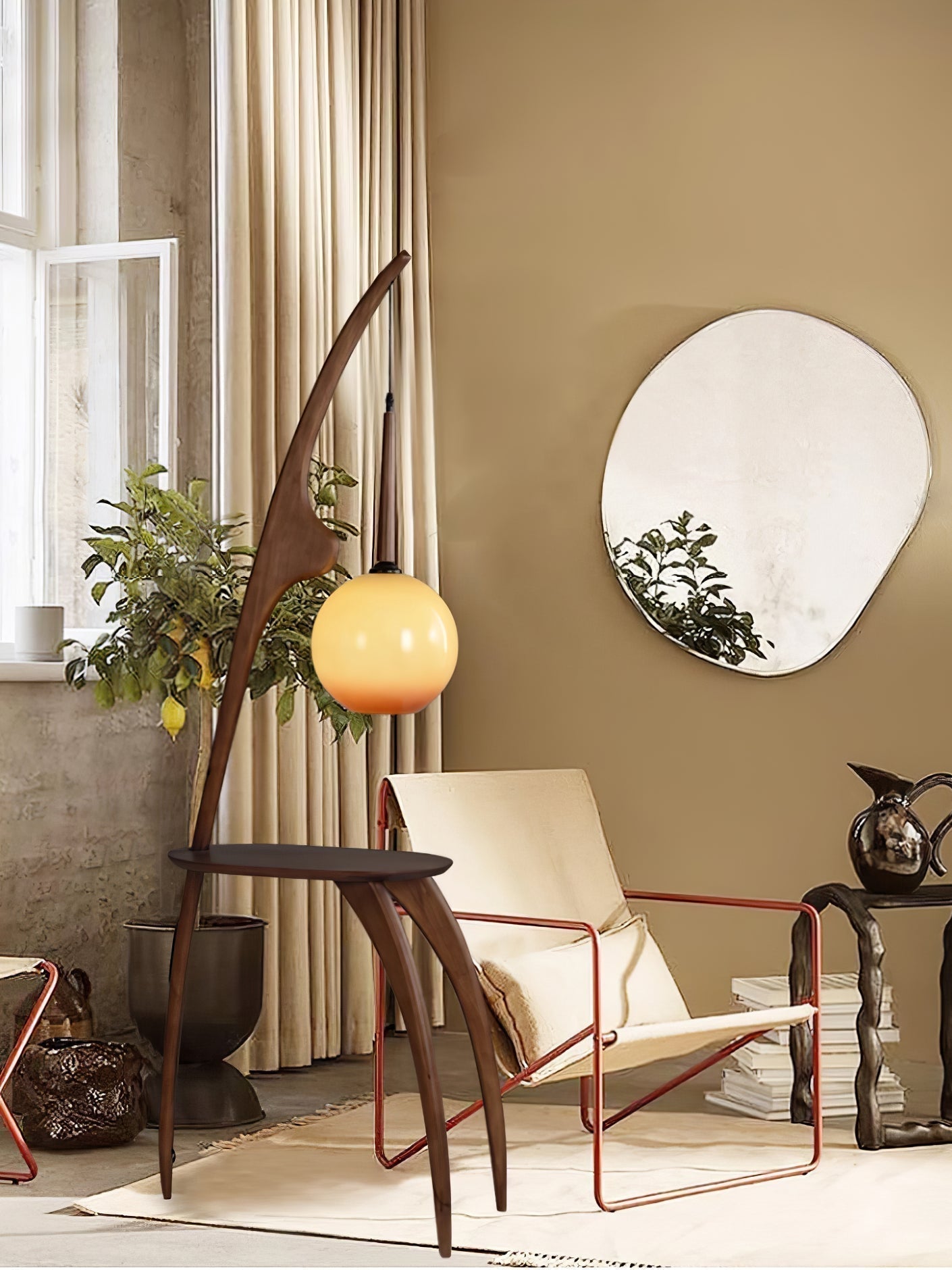 Modern Curved Mantis Wood Floor Lamp with Amber Glass Orb Shade for Living Room and Bedroom