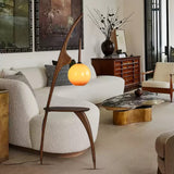 Modern Curved Mantis Wood Floor Lamp with Amber Glass Orb Shade for Living Room and Bedroom