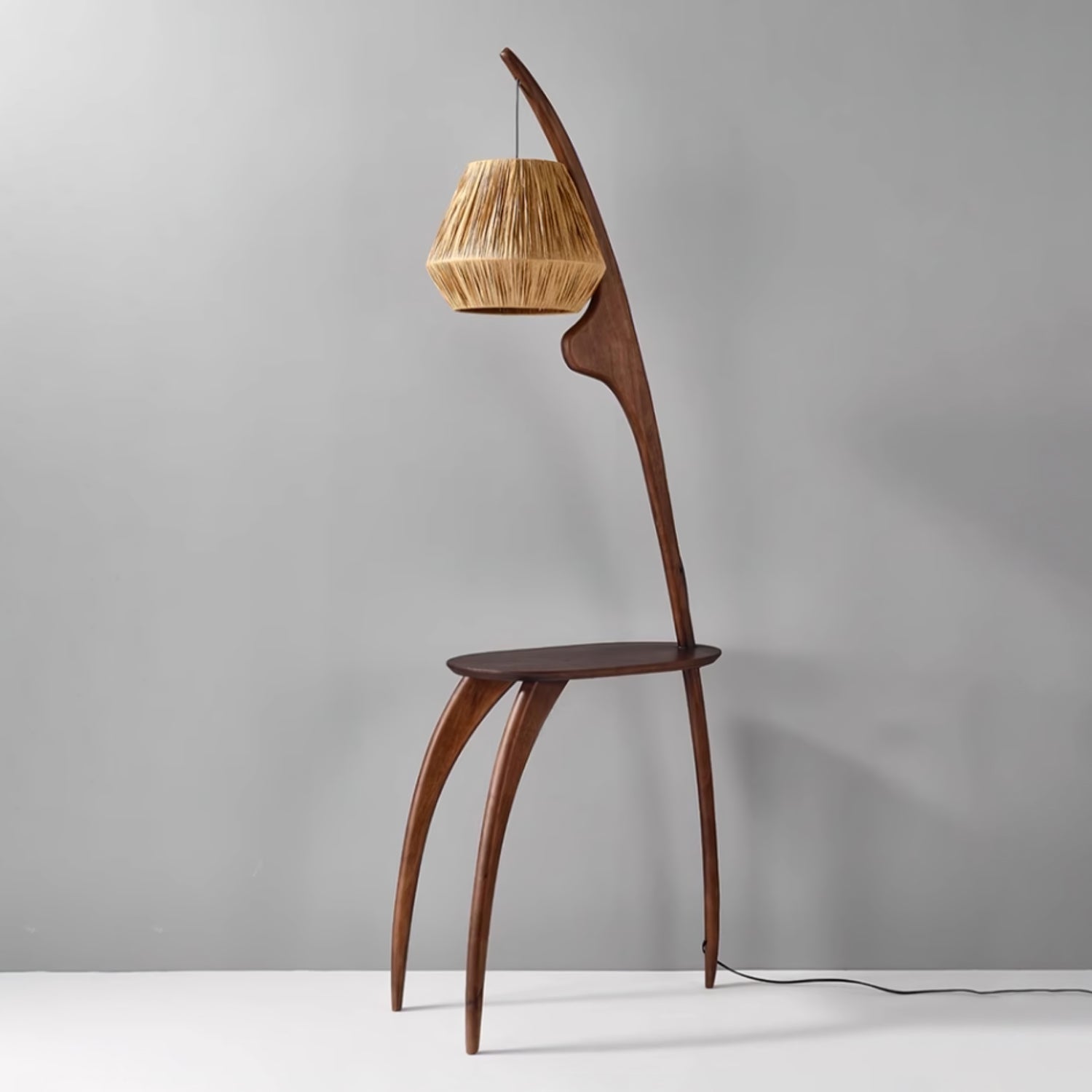 Modern Curved Mantis Wood Floor Lamp with Amber Glass Orb Shade for Living Room and Bedroom
