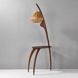 Modern Curved Mantis Wood Floor Lamp with Amber Glass Orb Shade for Living Room and Bedroom