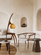Modern Curved Mantis Wood Floor Lamp with Amber Glass Orb Shade for Living Room and Bedroom