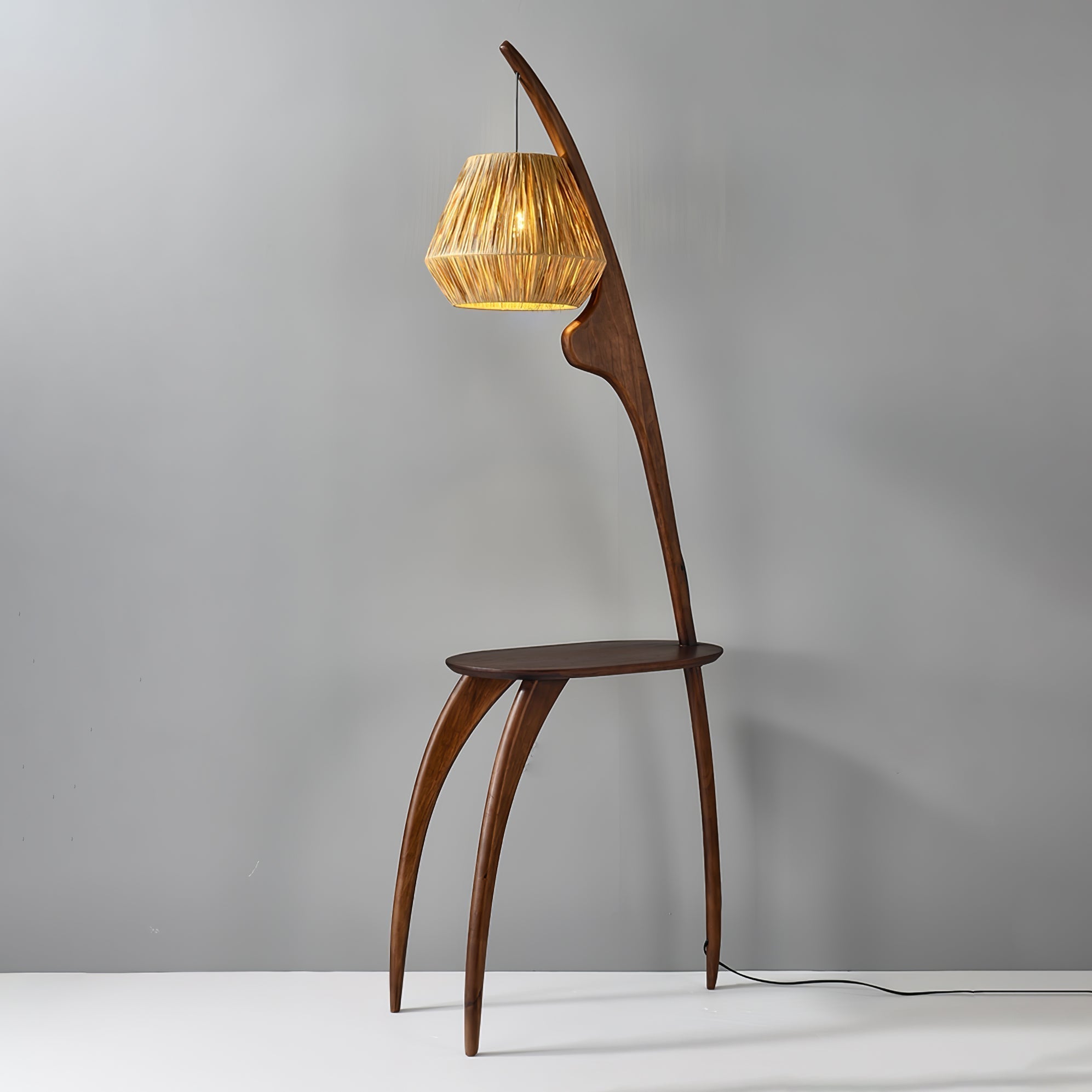 Modern Curved Mantis Wood Floor Lamp with Amber Glass Orb Shade for Living Room and Bedroom