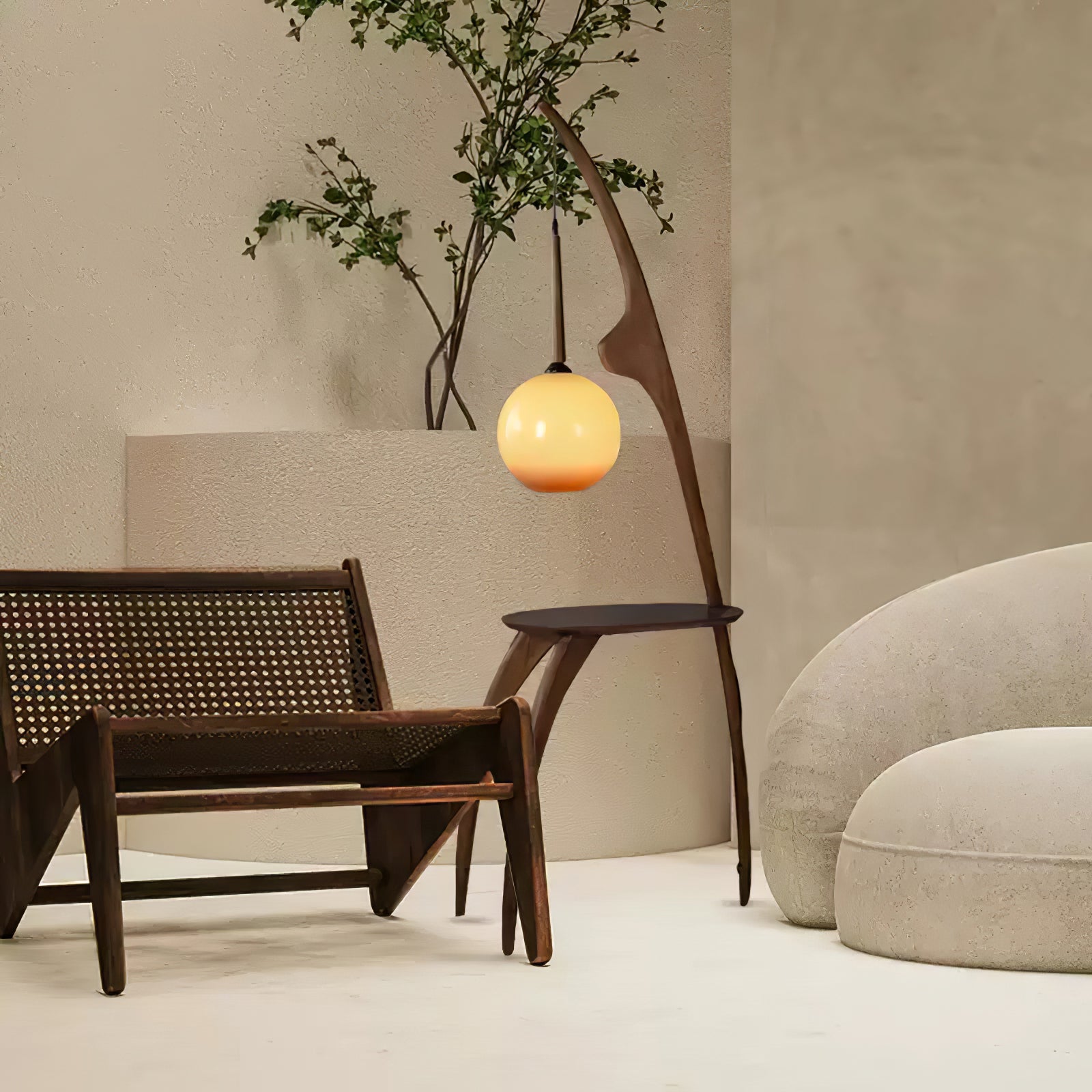 Modern Curved Mantis Wood Floor Lamp with Amber Glass Orb Shade for Living Room and Bedroom