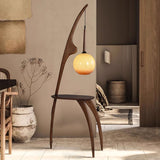 Modern Curved Mantis Wood Floor Lamp with Amber Glass Orb Shade for Living Room and Bedroom