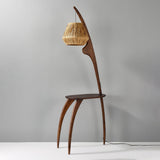 Modern Curved Mantis Wood Floor Lamp with Amber Glass Orb Shade for Living Room and Bedroom