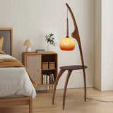 Modern Curved Mantis Wood Floor Lamp with Amber Glass Orb Shade for Living Room and Bedroom