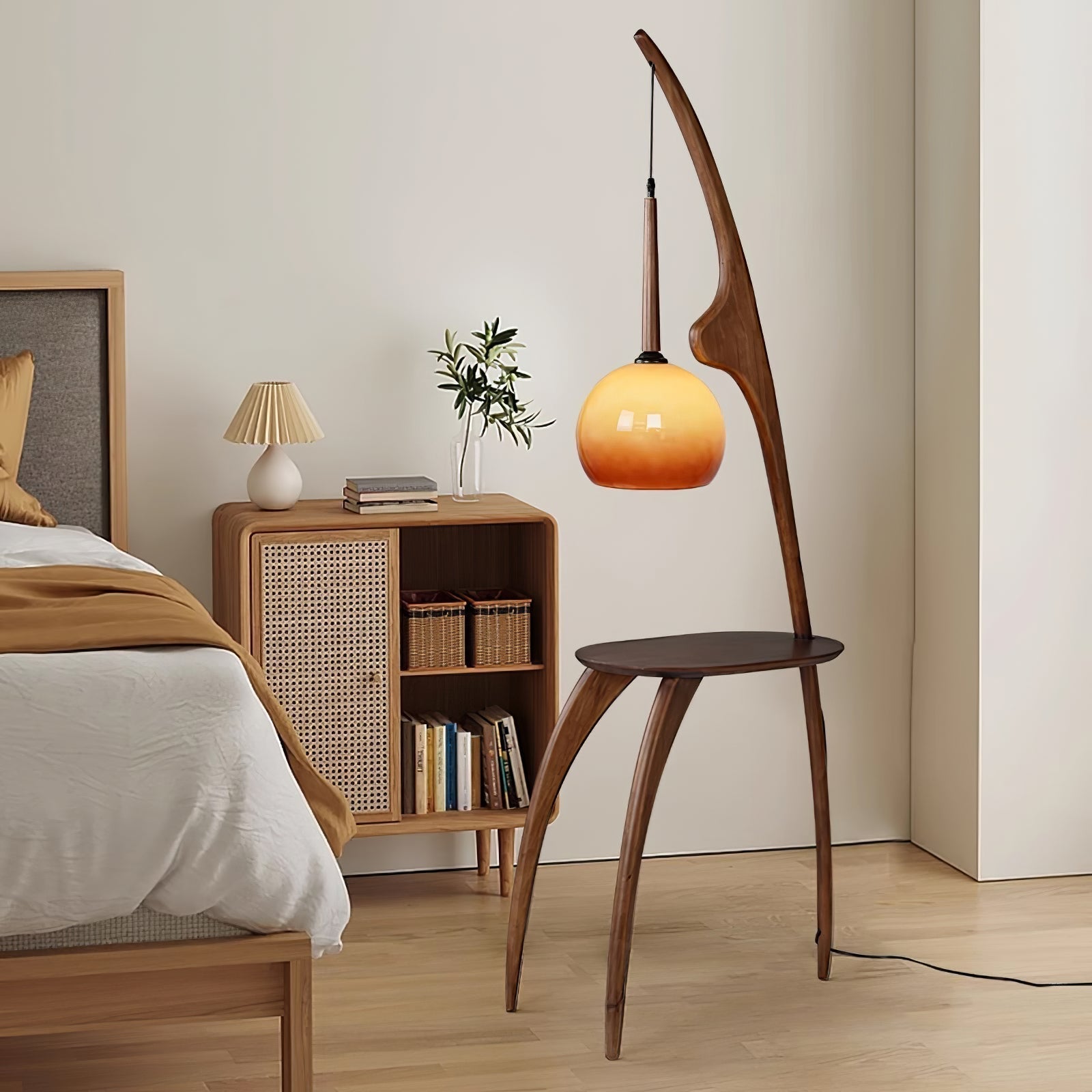 Modern Curved Mantis Wood Floor Lamp with Amber Glass Orb Shade for Living Room and Bedroom