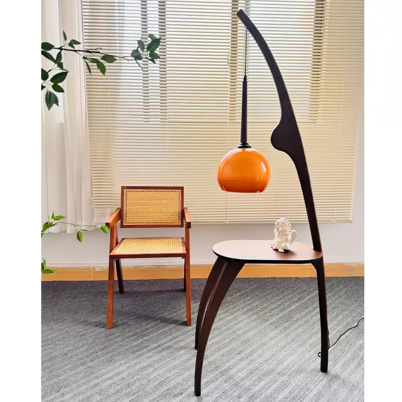 Modern Curved Mantis Wood Floor Lamp with Amber Glass Orb Shade for Living Room and Bedroom