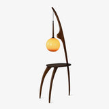 Modern Curved Mantis Wood Floor Lamp with Amber Glass Orb Shade for Living Room and Bedroom