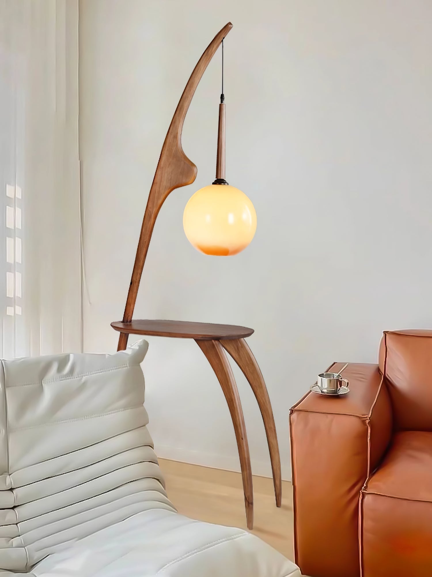 Modern Curved Mantis Wood Floor Lamp with Amber Glass Orb Shade for Living Room and Bedroom
