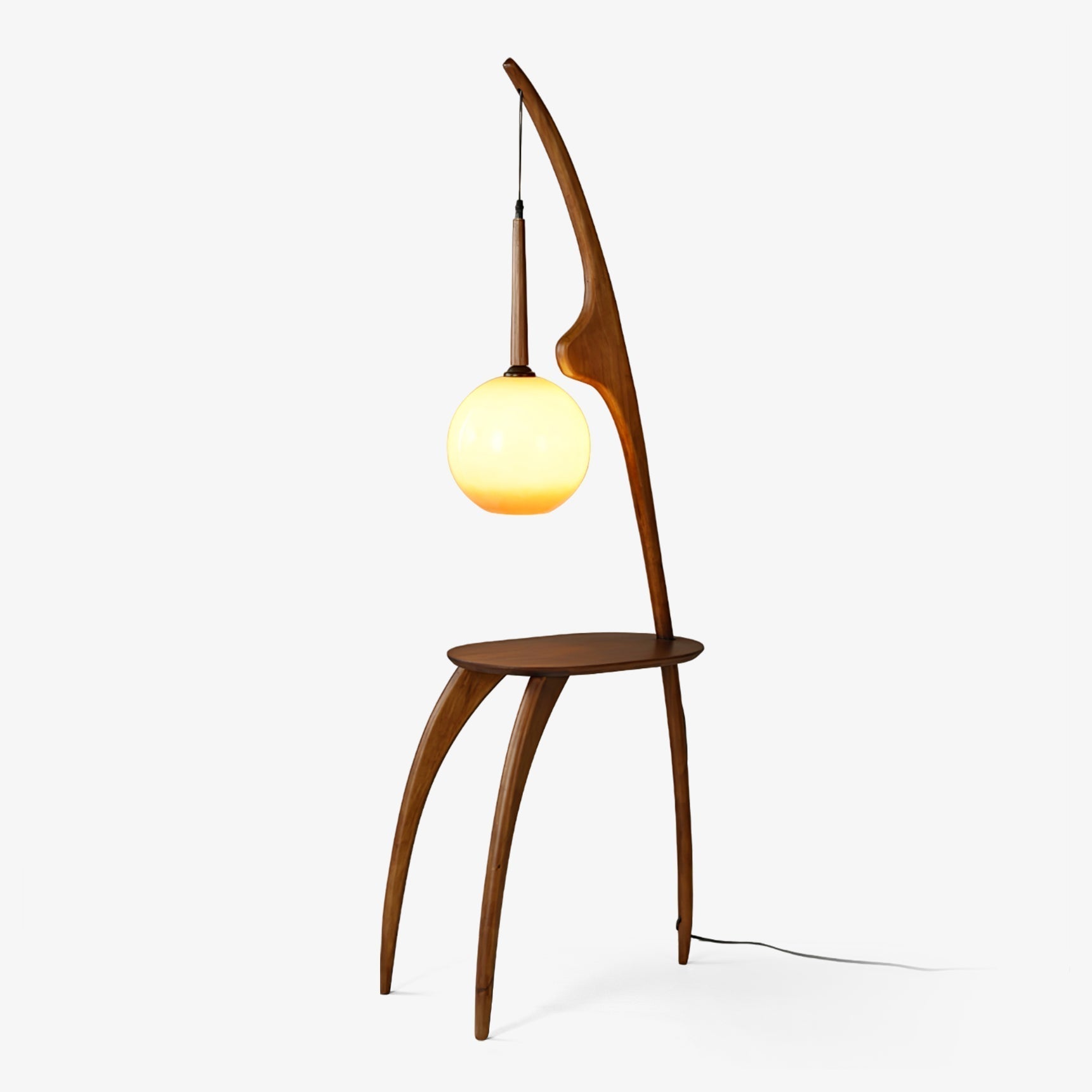 Modern Curved Mantis Wood Floor Lamp with Amber Glass Orb Shade for Living Room and Bedroom