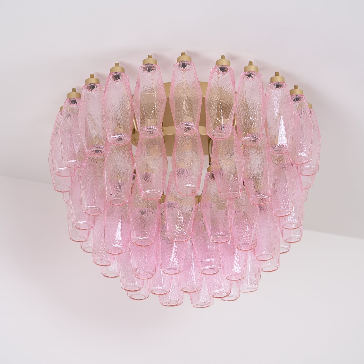 Pink Murano Glass Poliedri Geometric Flush Mount Ceiling Light with Gold Finish and LED Compatibility