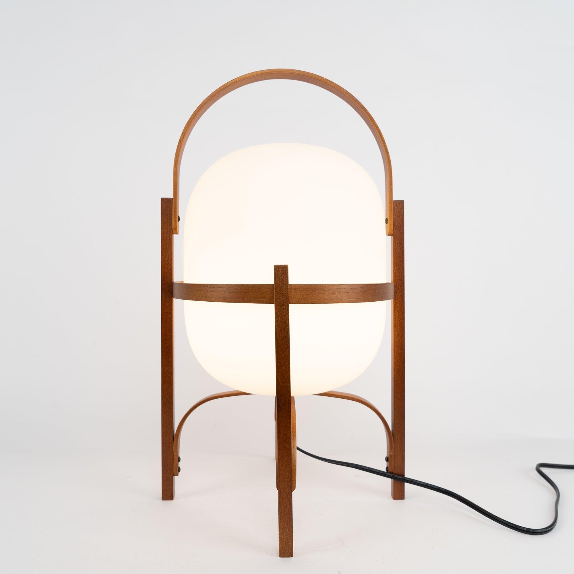 Modern Portable Glass Lantern Table Lamp with Wood Handle and Glass Shade for Ambient Lighting
