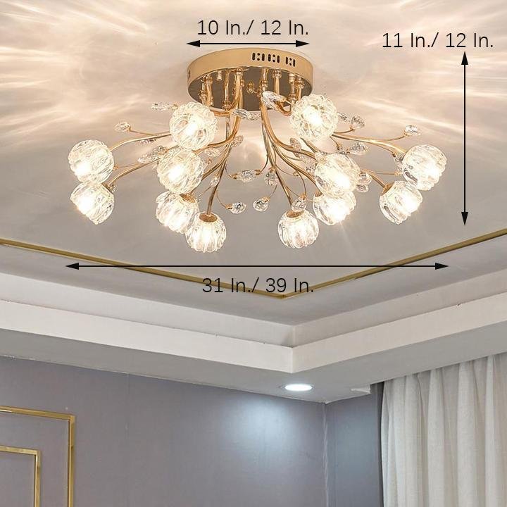 Modern Gold Glass Globe LED Flush Mount Ceiling Lamp Luxury Crystal Cluster Lighting Fixture