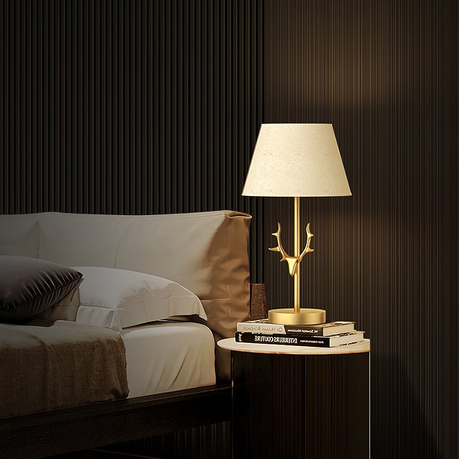 Dalton Antler Inspired Brass Table Lamp with Fabric Shade for Bedside and Living Room Decor