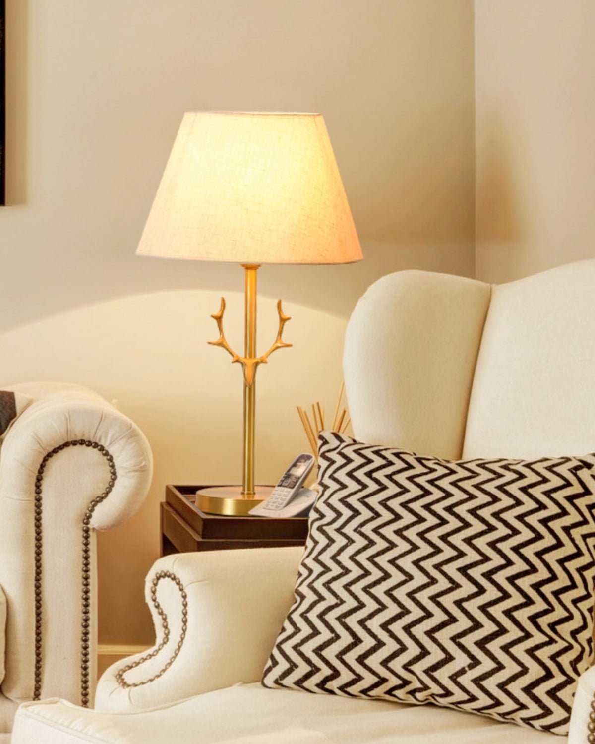 Dalton Antler Inspired Brass Table Lamp with Fabric Shade for Bedside and Living Room Decor