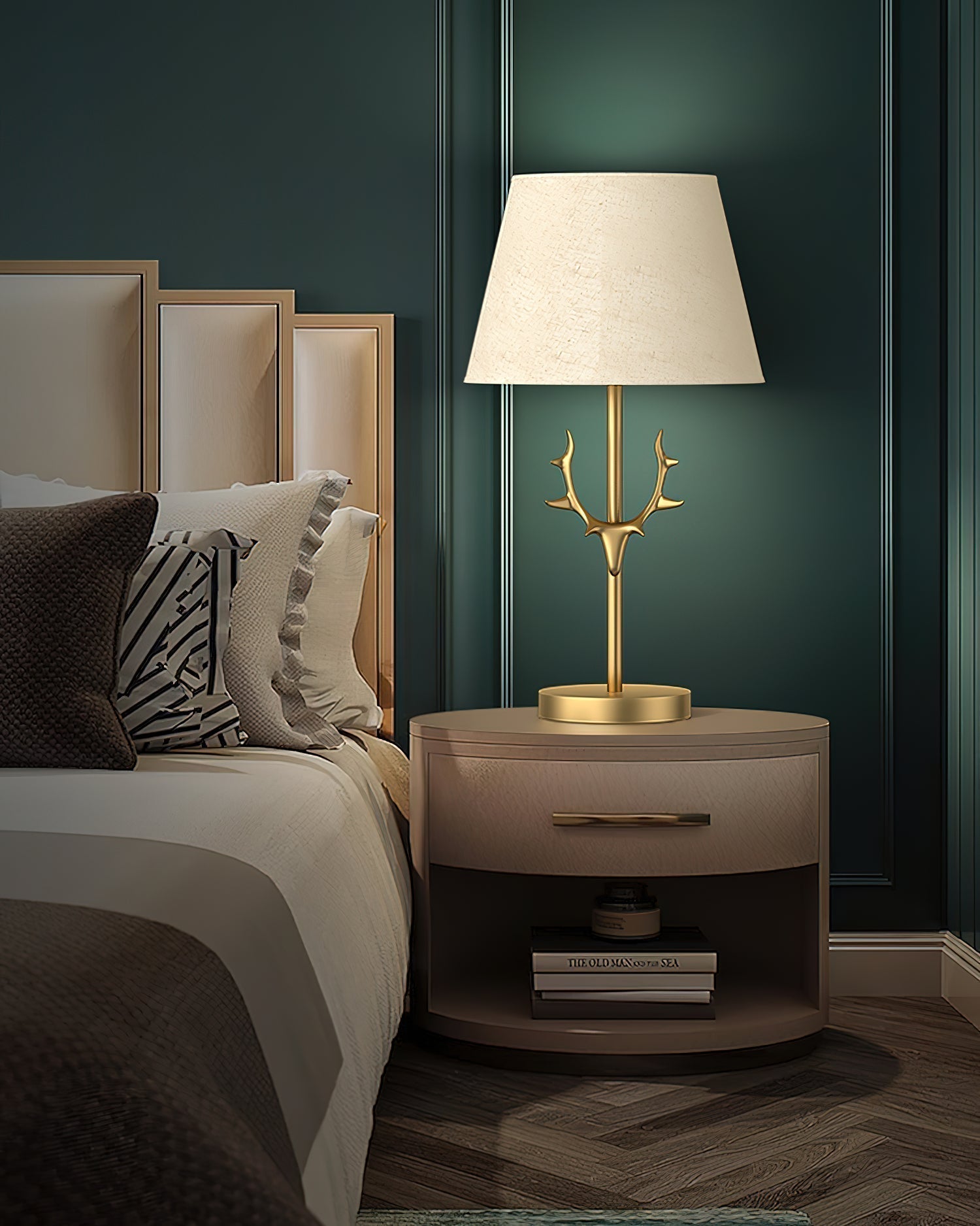 Dalton Antler Inspired Brass Table Lamp with Fabric Shade for Bedside and Living Room Decor