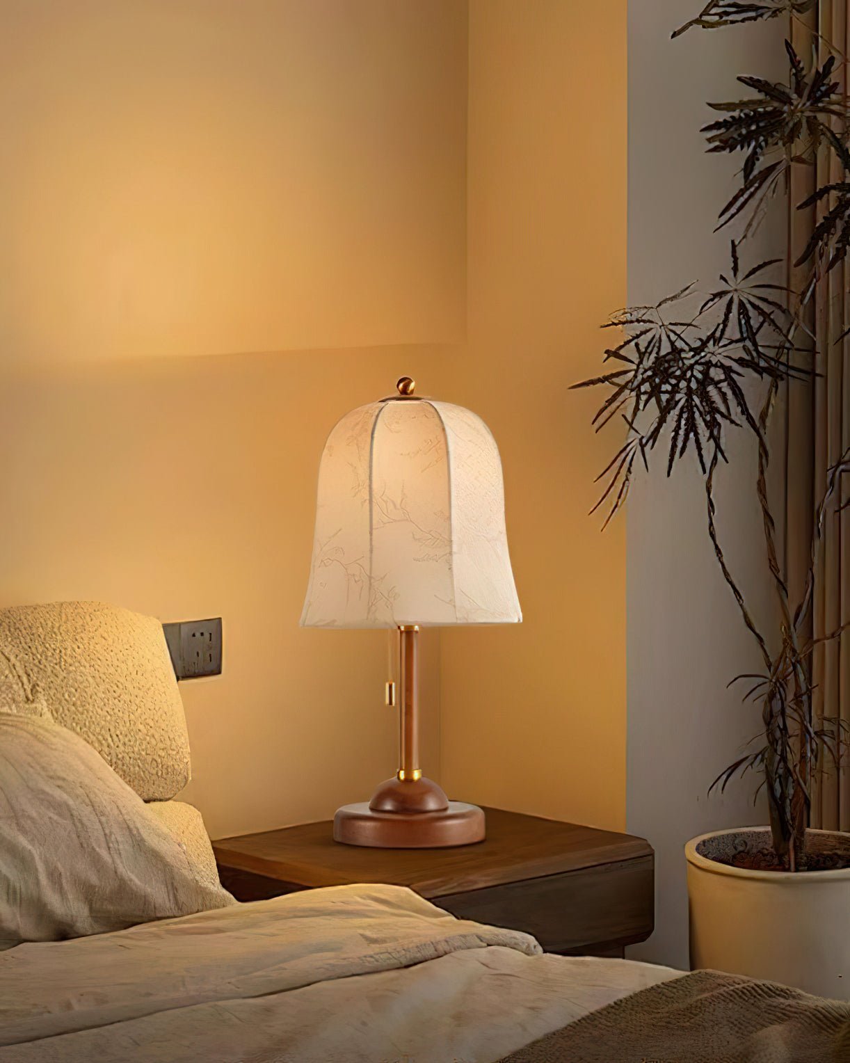 Daphne Accent Table Lamp with Walnut Wood Base and Printed Fabric Shade for Bedrooms