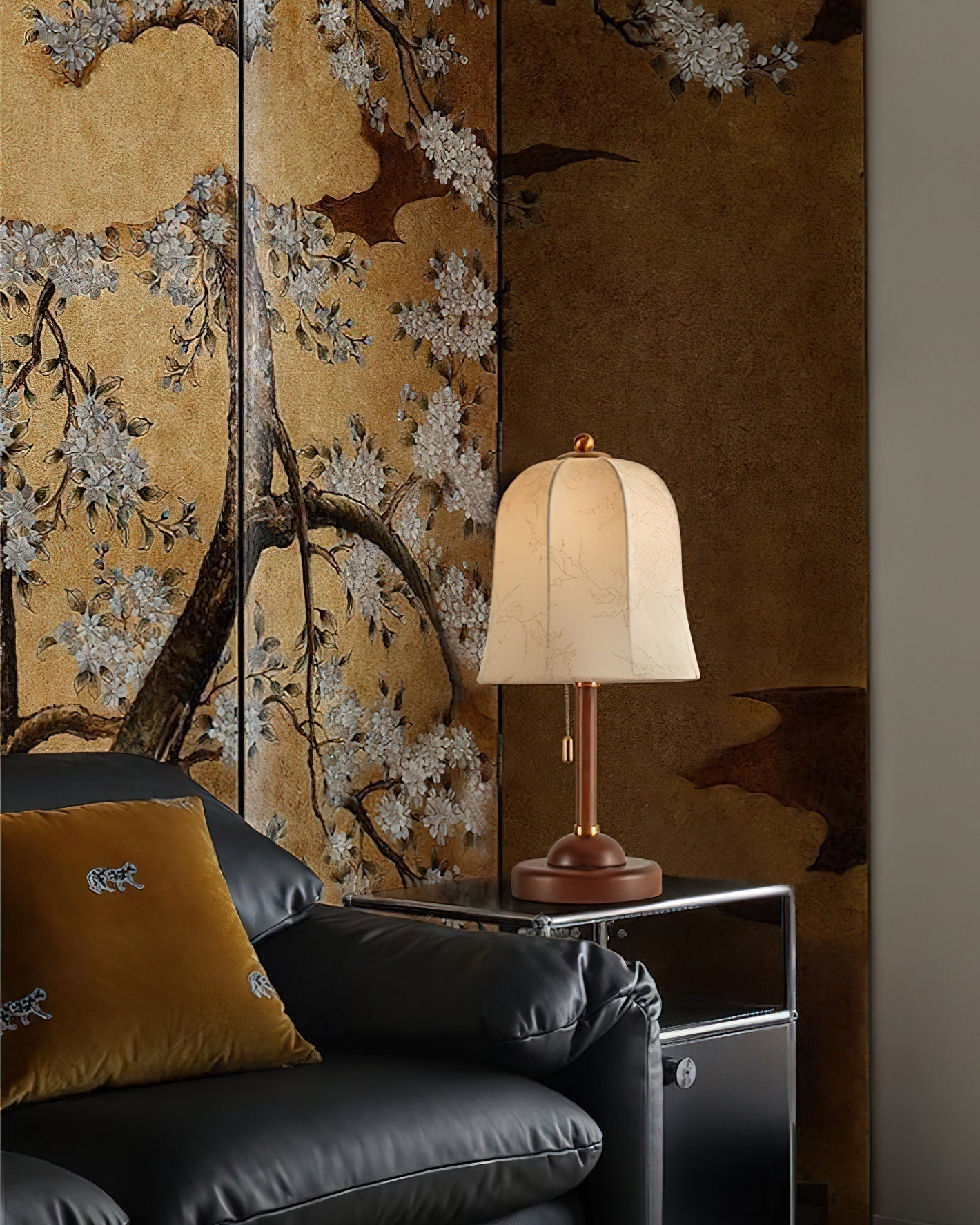 Daphne Accent Table Lamp with Walnut Wood Base and Printed Fabric Shade for Bedrooms
