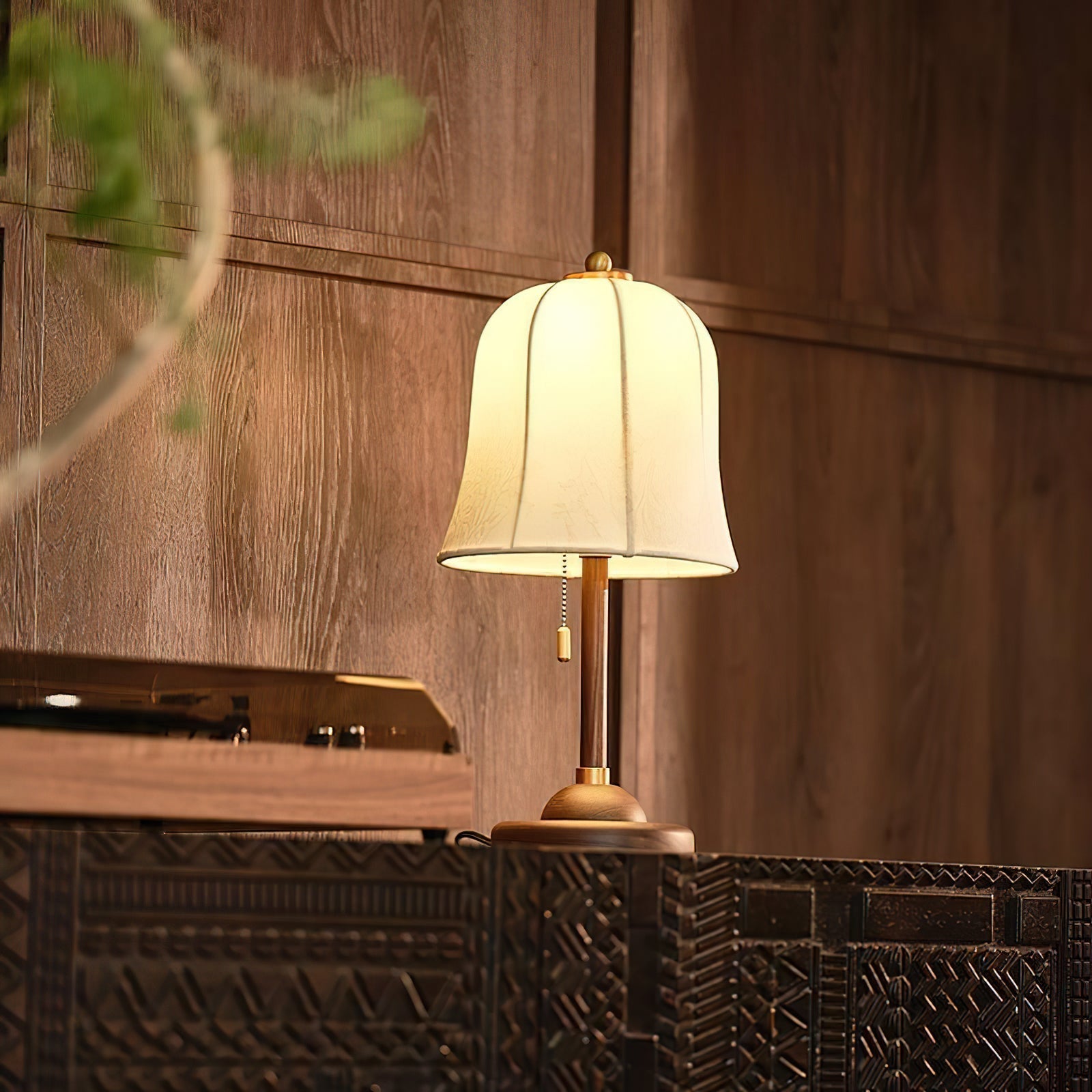 Daphne Accent Table Lamp with Walnut Wood Base and Printed Fabric Shade for Bedrooms