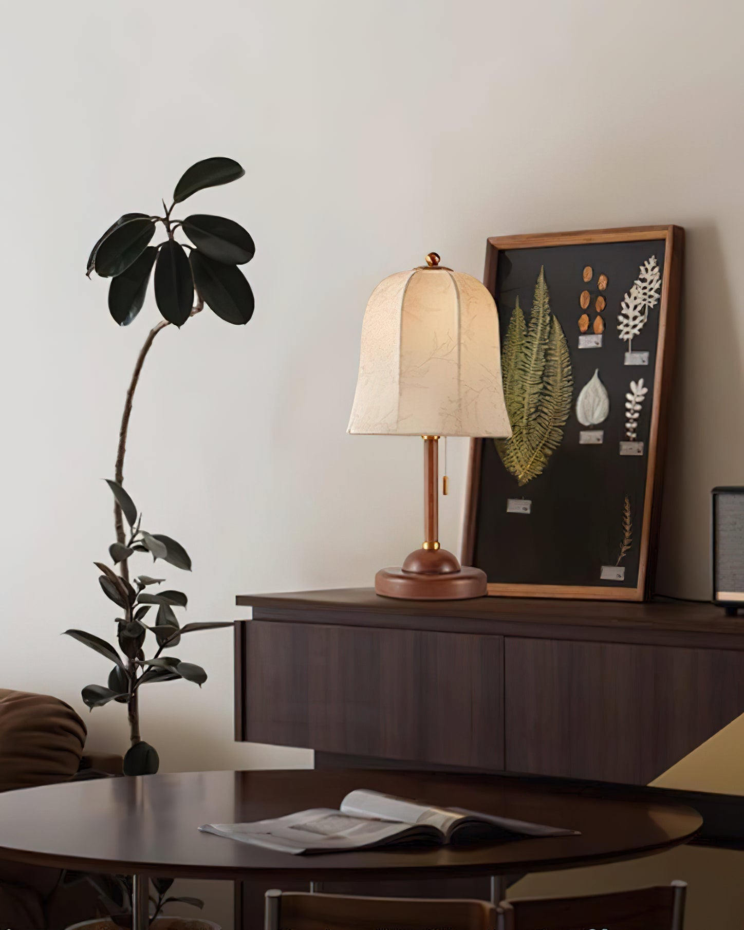 Daphne Accent Table Lamp with Walnut Wood Base and Printed Fabric Shade for Bedrooms