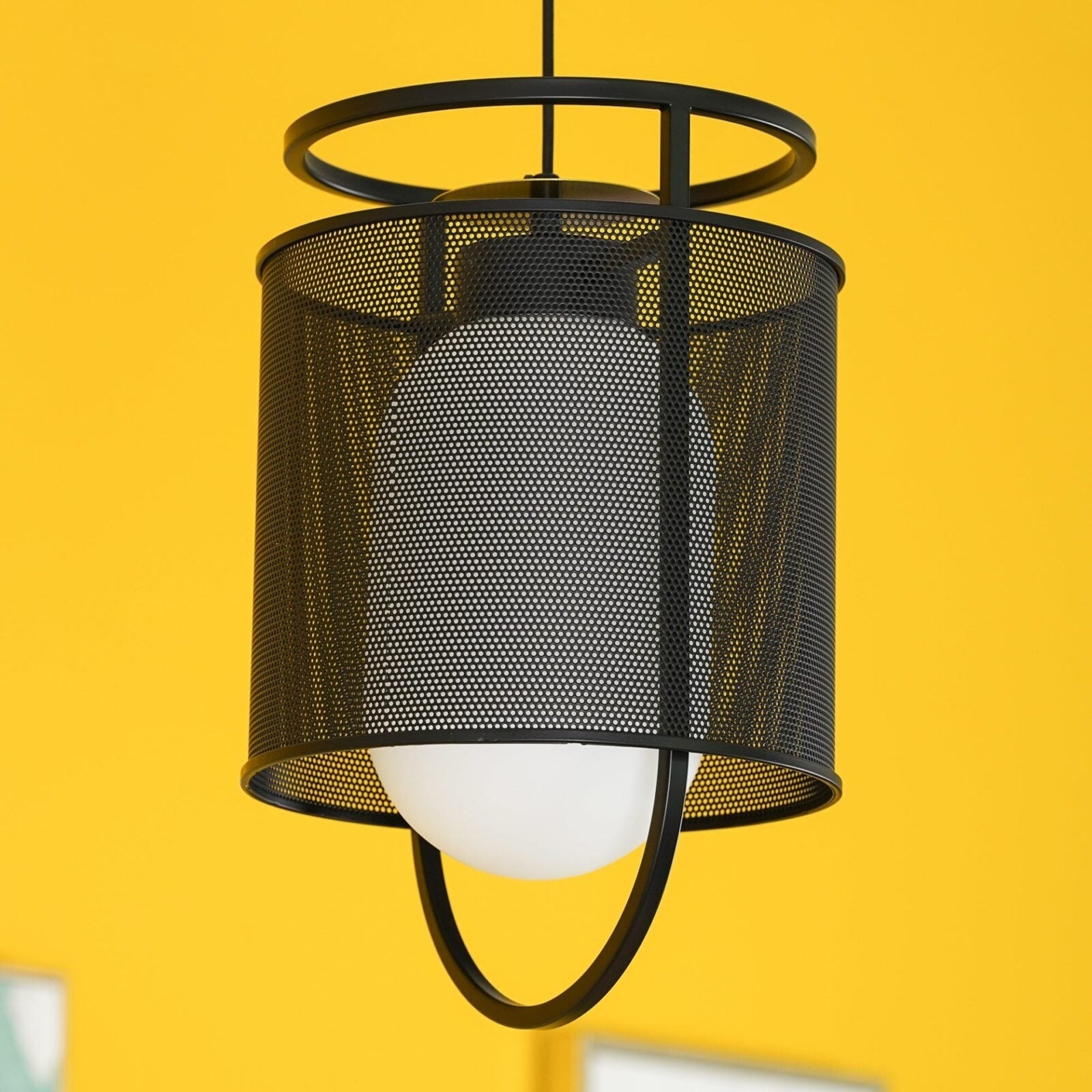 modern-industrial-black-cage-pendant-light-with-oval-fiberglass-shade-for-living-room