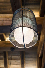 modern-industrial-black-cage-pendant-light-with-oval-fiberglass-shade-for-living-room