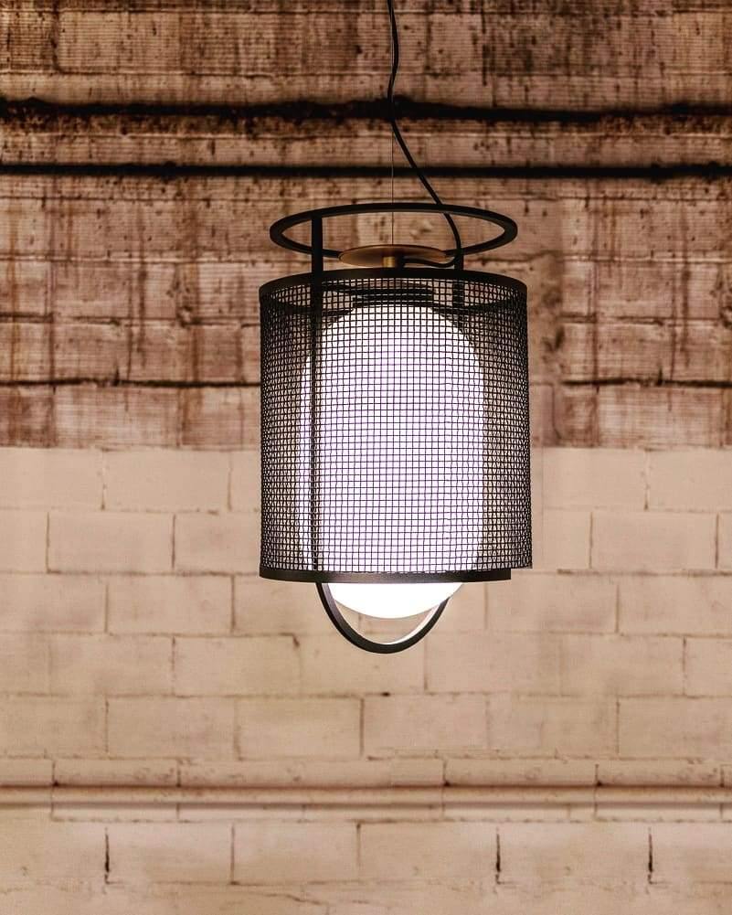 modern-industrial-black-cage-pendant-light-with-oval-fiberglass-shade-for-living-room