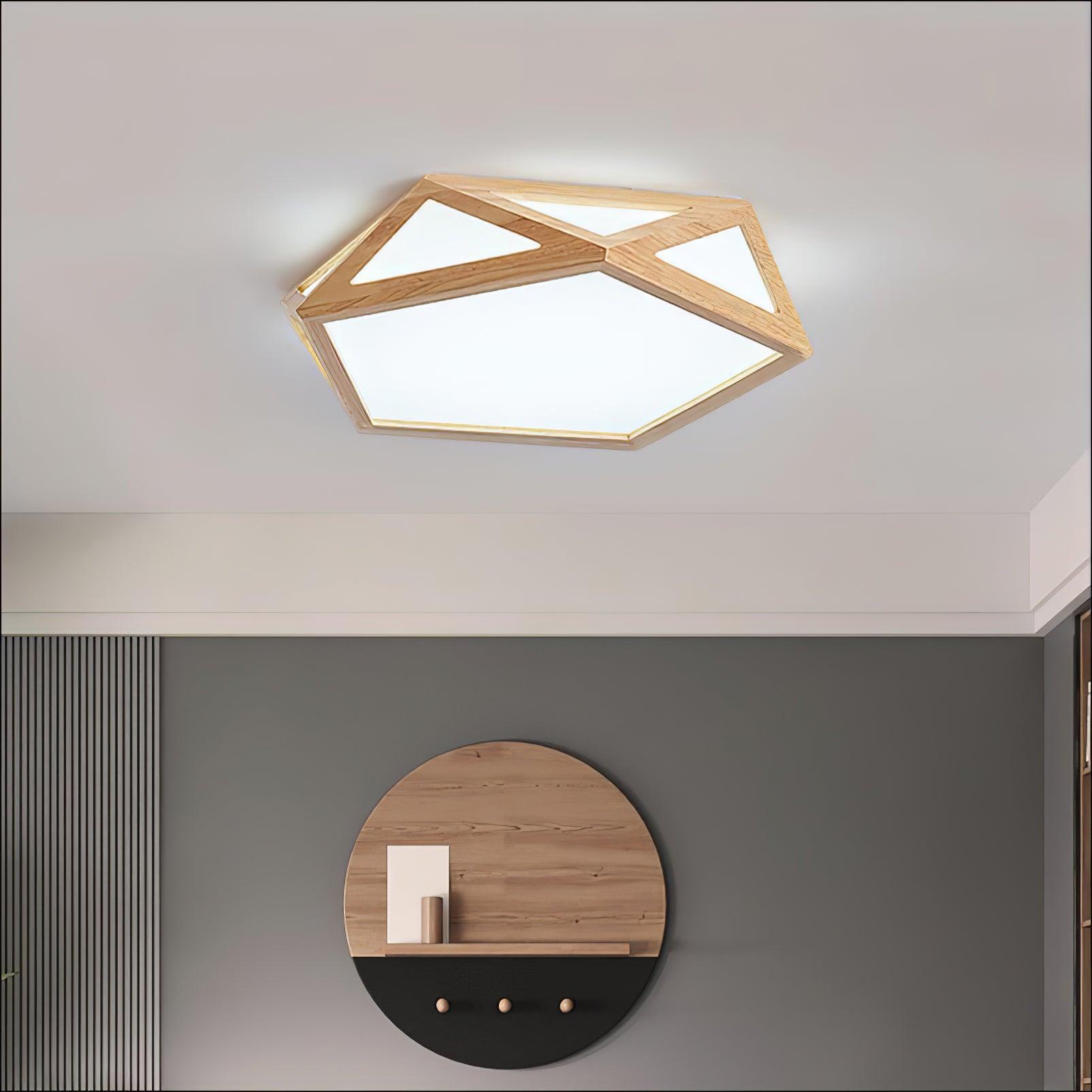 Modern Geometric Diamond Wood Flush Mount LED Ceiling Lamp for Living Room